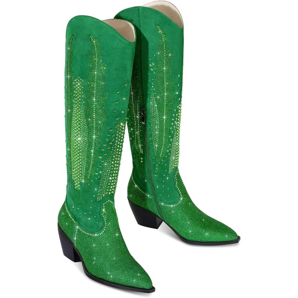 Women Polyurethane Green Knee High Pointed Toe Chunky Heel Rhinestone Boot